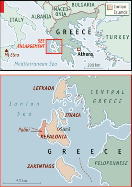 Contemporary map of Greece showing Ionian Sea Islands.